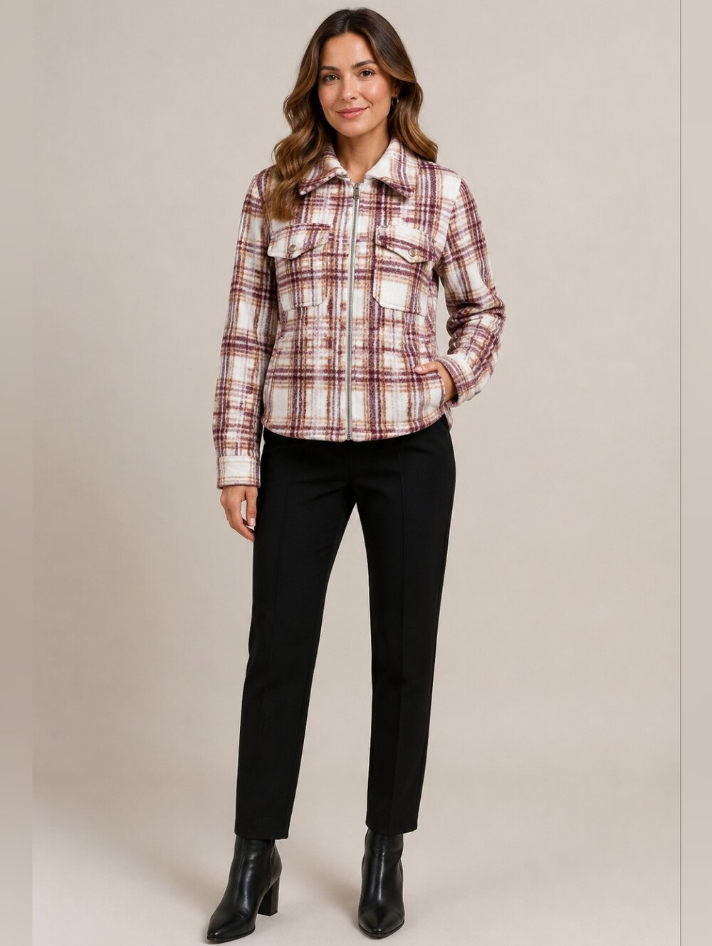 Avec Les Filles Modern Plaid Zip Up Jacket L